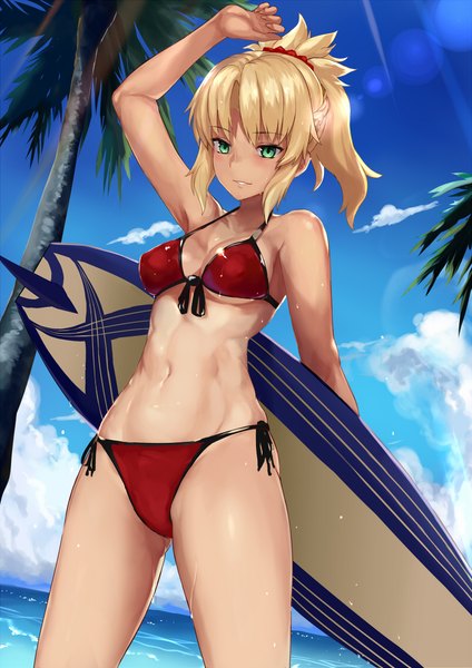 Anime picture 800x1131 with fate (series) fate/grand order fate/apocrypha mordred (fate) mordred (swimsuit rider) (fate) jilllxlxl single long hair tall image fringe breasts light erotic blonde hair standing holding green eyes payot sky cloud (clouds) outdoors