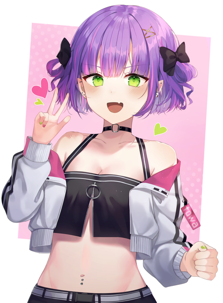 Anime picture 4631x6266 with virtual youtuber hololive tokoyami towa tokoyami towa (1st costume) knowa single tall image blush highres short hair open mouth green eyes absurdres cleavage purple hair upper body nail polish :d multicolored hair pointy ears
