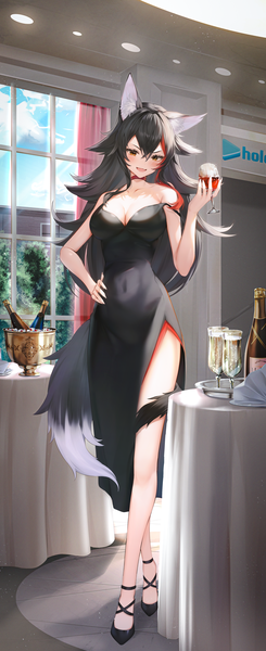 Anime picture 2500x6124 with virtual youtuber hololive ookami mio shuvi (shuvi1125) single long hair tall image looking at viewer blush fringe highres breasts open mouth light erotic black hair smile hair between eyes large breasts standing holding
