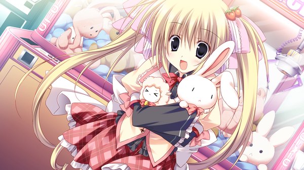 Anime picture 1280x720 with gakuou lohenstein annemarie korie riko long hair blush open mouth blue eyes blonde hair wide image twintails game cg dutch angle girl uniform hair ornament ribbon (ribbons) hair ribbon school uniform toy stuffed animal