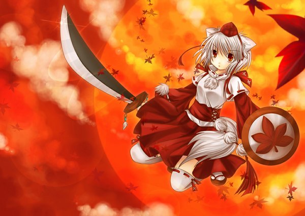 Anime picture 1000x710 with touhou inubashiri momiji juuni chacha single looking at viewer short hair red eyes animal ears silver hair cloud (clouds) traditional clothes animal tail girl thighhighs weapon white thighhighs sword leaf (leaves) pom pom (clothes) shield