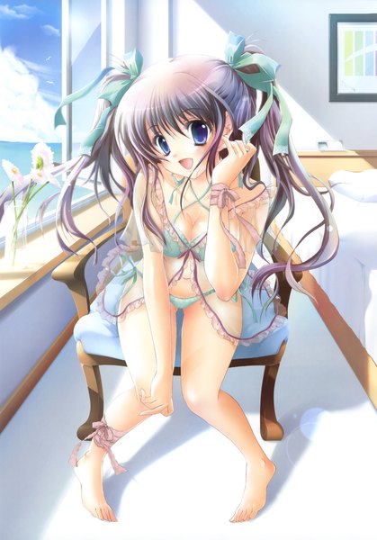 Anime picture 2353x3372 with izumi tsubasu hisuitei single long hair tall image blush highres open mouth blue eyes light erotic cleavage purple hair barefoot underwear only girl underwear panties lingerie sea pillow
