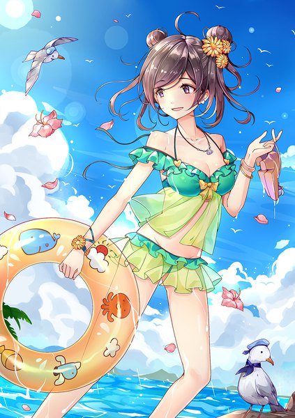 Anime picture 800x1135 with original melon z single long hair tall image open mouth brown hair twintails holding looking away sky cloud (clouds) ahoge pink eyes hair flower sparkle hair bun (hair buns) animal print shoes removed girl