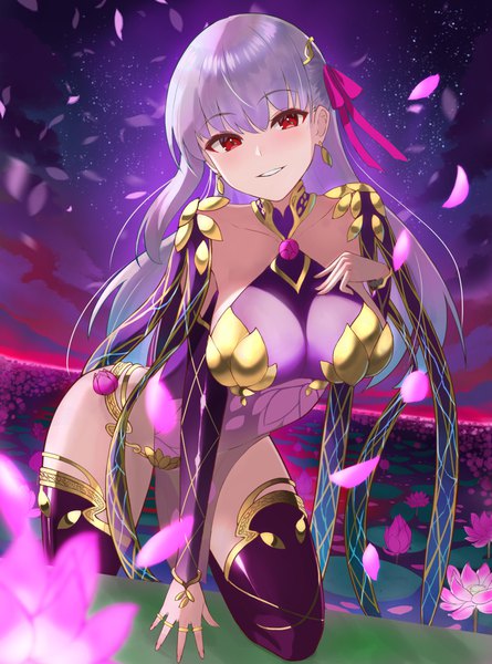 Anime picture 1187x1600 with fate (series) fate/grand order kama (fate) inari (ambercrown) single long hair tall image looking at viewer breasts light erotic smile red eyes large breasts silver hair parted lips girl flower (flowers) ribbon (ribbons) hair ribbon detached sleeves