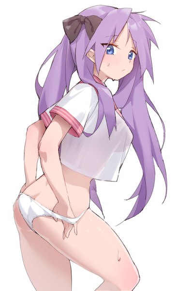 Anime picture 608x1003 with lucky star kyoto animation hiiragi kagami ludaf single long hair tall image looking at viewer blush fringe breasts blue eyes light erotic simple background large breasts white background twintails purple hair ass short sleeves