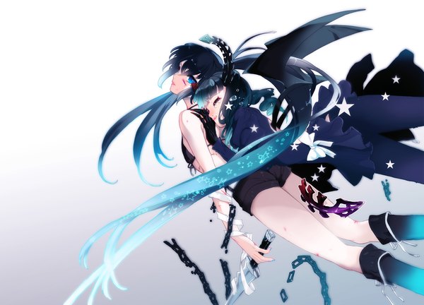 Anime picture 1600x1153 with black rock shooter black rock shooter (character) dead master innyou long hair blue eyes black hair simple background white background multiple girls eyes closed horn (horns) tears injury curly hair cuts girl dress bow weapon