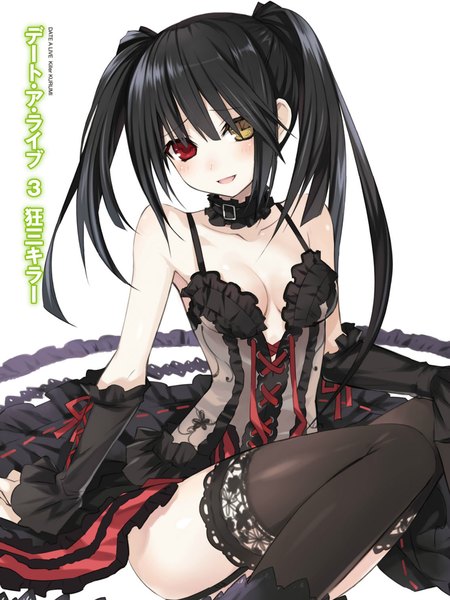 Anime picture 1734x2314 with date a live tokisaki kurumi tsunako single long hair tall image highres light erotic black hair red eyes twintails bare shoulders yellow eyes cleavage official art heterochromia girl thighhighs dress black thighhighs