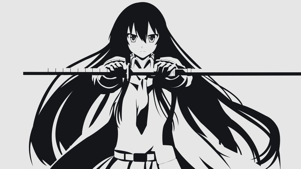 Anime picture 8000x4500 with akame ga kill! white fox akame (akame ga kill!) viidify single long hair looking at viewer fringe highres black hair simple background hair between eyes wide image white background holding absurdres monochrome vector serious girl