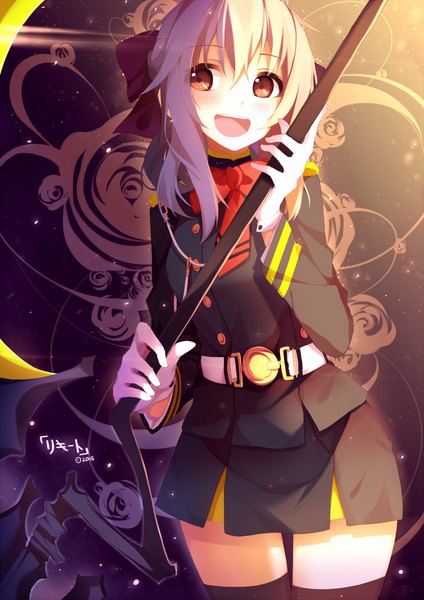 Anime picture 800x1131 with owari no seraph wit studio hiiragi shinoa riki-to single long hair tall image blush open mouth holding brown eyes signed looking away purple hair girl thighhighs dress gloves uniform bow