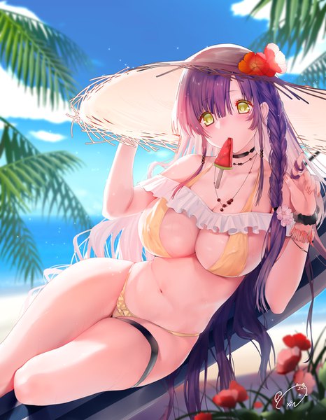 Anime picture 1000x1286 with original obiwan single long hair tall image looking at viewer blush fringe light erotic hair between eyes holding signed yellow eyes payot sky cleavage purple hair cloud (clouds) lying braid (braids)