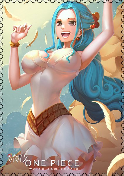 Anime picture 650x919 with one piece toei animation nefertari vivi zhang ding single long hair tall image breasts open mouth light erotic smile large breasts signed payot blue hair looking away arm up wind night teeth