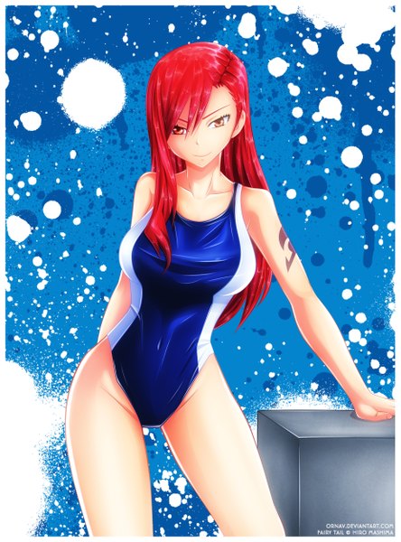 Anime picture 1850x2500 with fairy tail erza scarlet ornav single long hair tall image highres light erotic smile red eyes red hair tattoo coloring framed girl swimsuit