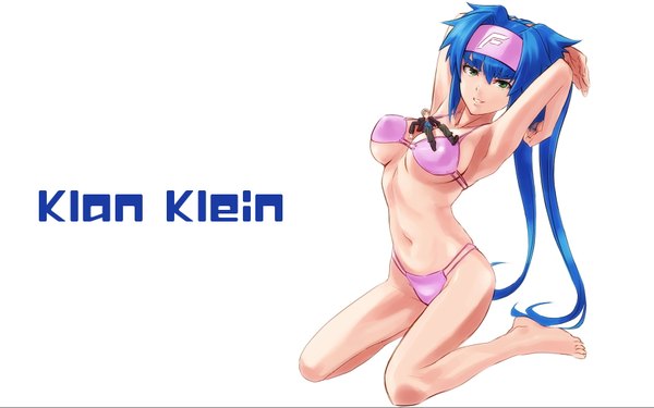 Anime-Bild 1680x1050 mit macross macross frontier klan klang tagme (artist) single long hair looking at viewer breasts light erotic simple background wide image large breasts white background sitting green eyes blue hair armpit (armpits) wallpaper character names arms behind head