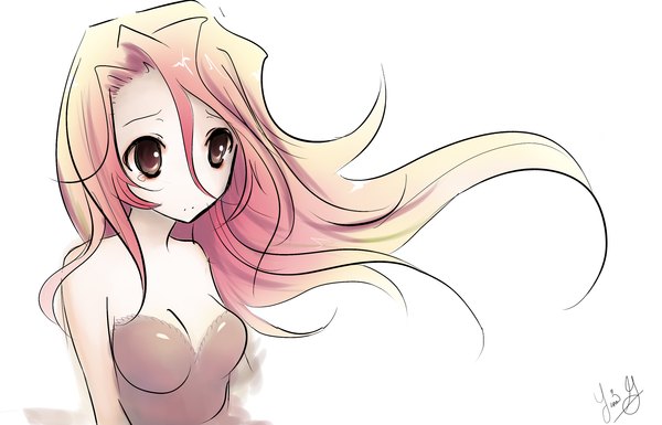 Anime picture 2800x1800 with original ohhlenai single long hair highres breasts blonde hair simple background white background bare shoulders looking away cleavage black eyes tears sad girl