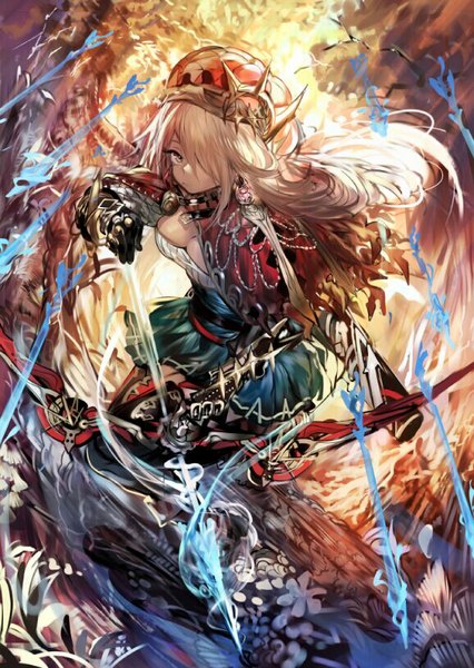 Anime picture 578x813 with original ran (pixiv2957827) single long hair tall image looking at viewer fringe breasts blonde hair brown eyes cleavage pleated skirt hair over one eye magic girl skirt weapon armor bow (weapon) gauntlets