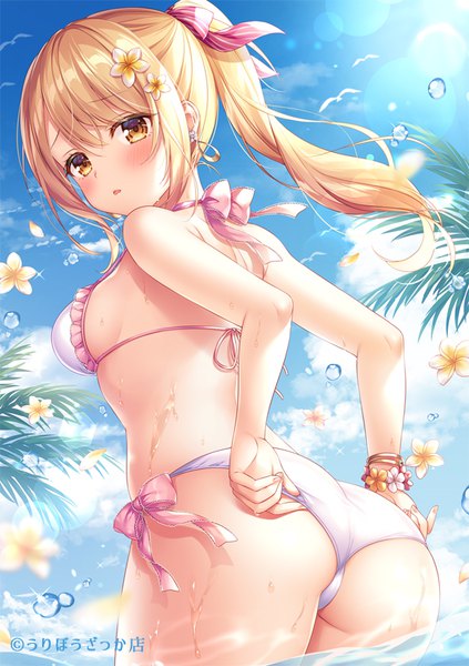 Anime picture 565x800 with original mitsuba choco single long hair tall image looking at viewer blush fringe breasts open mouth light erotic blonde hair hair between eyes standing signed yellow eyes payot sky cloud (clouds) outdoors