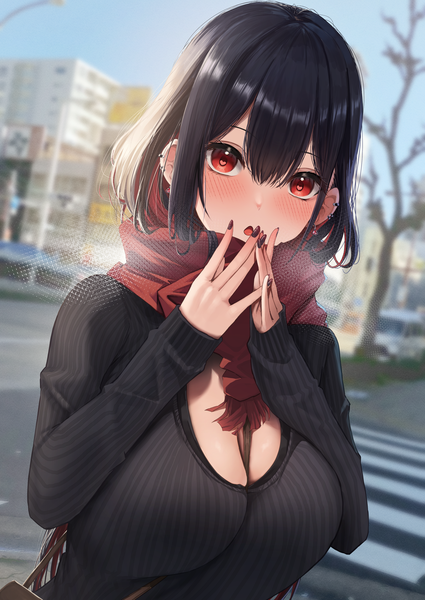 Anime-Bild 2508x3541 mit original amane sora single long hair tall image looking at viewer blush fringe highres breasts open mouth light erotic black hair hair between eyes red eyes large breasts sky cleavage upper body outdoors