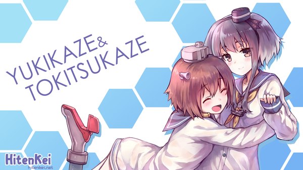 Anime picture 1920x1080 with kantai collection yukikaze destroyer tokitsukaze destroyer hiten (hitenkei) long hair looking at viewer blush highres short hair open mouth brown hair wide image multiple girls brown eyes eyes closed grey hair inscription wallpaper character names hug