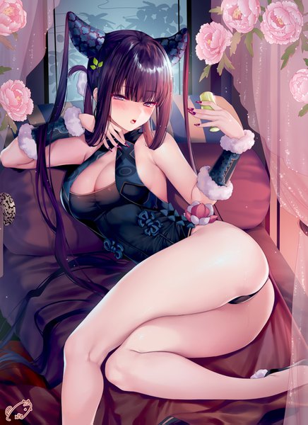 Anime picture 1000x1375 with fate (series) fate/grand order yang guifei (fate) obiwan single tall image looking at viewer blush fringe breasts open mouth light erotic black hair large breasts purple eyes bare shoulders holding payot cleavage bent knee (knees)