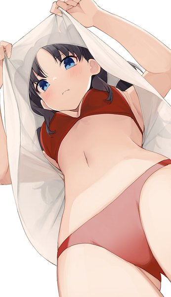 Anime picture 750x1302 with fate (series) fate/stay night toosaka rin hiroki (yyqw7151) single long hair tall image looking at viewer blush fringe breasts blue eyes light erotic black hair simple background standing white background holding from below armpit (armpits)