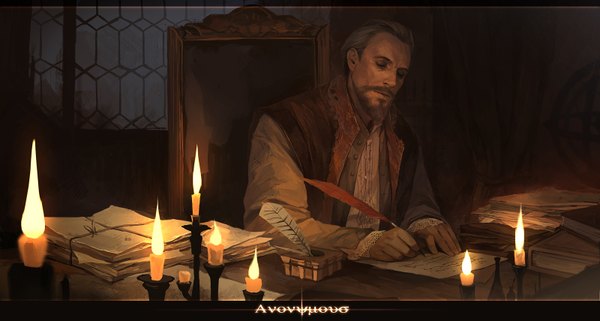Anime picture 1600x856 with anonymous william shakespeare kimaku (artist) single short hair blonde hair wide image sitting night boy window feather (feathers) paper candle (candles) beard mustache