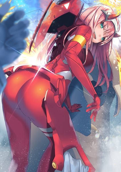 Anime picture 2480x3508 with darling in the franxx studio trigger zero two (darling in the franxx) slumcat long hair tall image looking at viewer blush fringe highres open mouth light erotic hair between eyes pink hair ass looking back horn (horns) aqua eyes sparkle solo focus