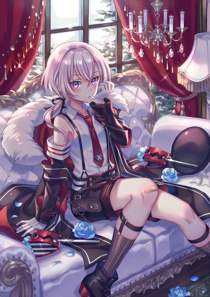 Anime picture 1415x2000 with azur lane z1 leberecht maass (azur lane) z1 leberecht maass (rebellious vierzehn) (azur lane) zoff (daria) single long hair tall image looking at viewer blush fringe hair between eyes sitting purple eyes bare shoulders holding silver hair bent knee (knees) indoors arm up off shoulder