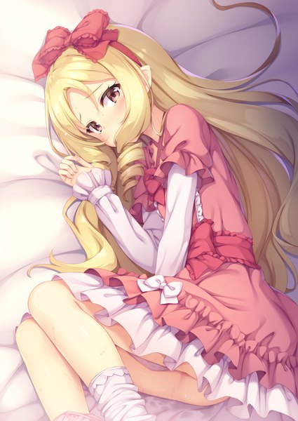 Anime picture 1032x1457 with eromanga sensei a-1 pictures yamada elf tomifumi single long hair tall image blush light erotic blonde hair red eyes lying pointy ears drill hair covered mouth girl dress bow hair bow