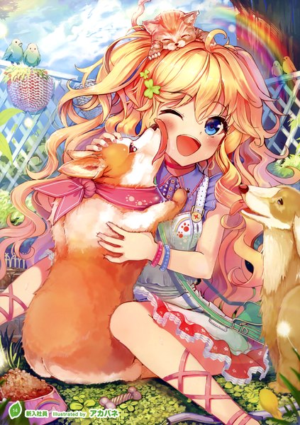 Anime picture 2538x3600 with girls, girls, girls! 10 (artbook) akabane (zebrasmise) long hair tall image blush highres open mouth blue eyes blonde hair one eye closed wink scan official art wavy hair welsh corgi girl dress plant (plants) animal tree (trees)