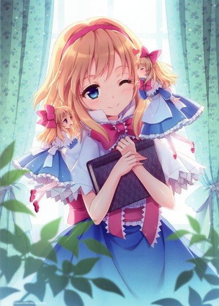 Anime picture 2006x2807 with touhou alice margatroid shanghai an2a long hair tall image blush highres short hair blue eyes blonde hair smile one eye closed wink girl dress hairband book (books) leaf (leaves)