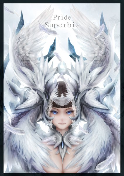 Anime picture 2480x3507 with zhang xiao bo single tall image looking at viewer highres short hair blue eyes black hair inscription girl wings feather (feathers)