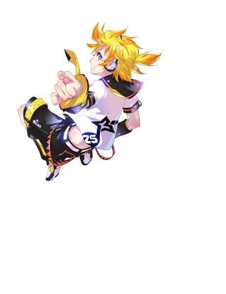 Anime picture 1063x1383 with vocaloid kagamine len monq (artist) single tall image blush short hair blue eyes simple background blonde hair smile white background profile looking back light smile from behind jumping pointing boy detached sleeves