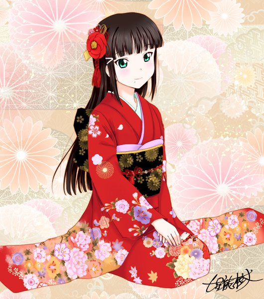 Anime picture 800x904 with love live! sunshine!! sunrise (studio) love live! kurosawa dia nanase tatsuki (aurora illusion) single long hair tall image looking at viewer blush fringe black hair simple background smile sitting full body blunt bangs traditional clothes japanese clothes aqua eyes