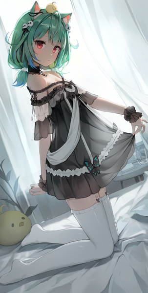 Anime picture 1000x1979 with virtual youtuber hololive uruha rushia uruha rushia (3rd costume) eso (toory) single tall image short hair red eyes twintails animal ears full body indoors green hair cat ears kneeling low twintails official alternate costume short twintails see-through silhouette