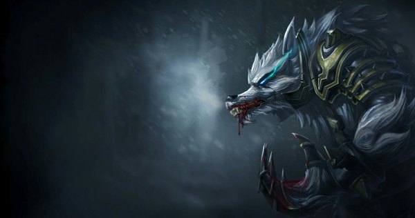 Anime picture 1024x540 with league of legends warwick (league of legends) blue eyes wide image wind teeth fang (fangs) snowing winter snow no people fog werewolf armor fur blood claws thorns wolf