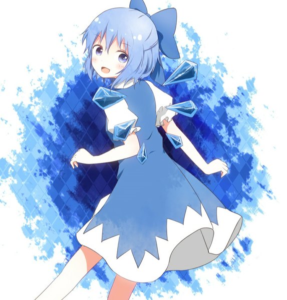 Anime picture 881x923 with touhou cirno nekoze (chatte secca) single tall image blush fringe short hair open mouth blue eyes blue hair looking away rhombus girl dress bow hair bow wings ice