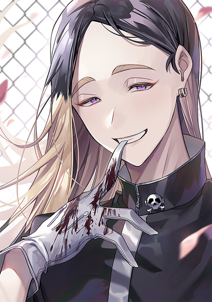 Anime picture 700x994 with tokyo revengers haitani ran sal single long hair tall image looking at viewer black hair blonde hair smile purple eyes upper body multicolored hair two-tone hair grin alternate hairstyle bloody clothes hair down glove biting boy