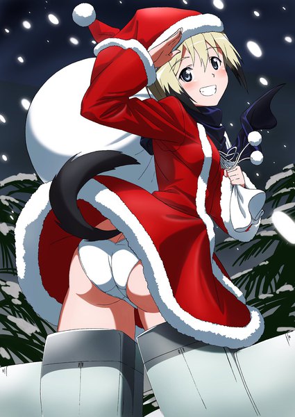 Anime picture 1450x2048 with strike witches erica hartmann pink x single tall image looking at viewer short hair blue eyes light erotic blonde hair smile ass tail animal tail looking back from behind grin snowing snow salute