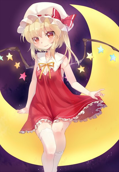 Anime picture 1000x1453 with touhou flandre scarlet mvv tall image looking at viewer blush short hair blonde hair red eyes crescent alternate wings girl thighhighs dress bow white thighhighs wings star (symbol) bonnet