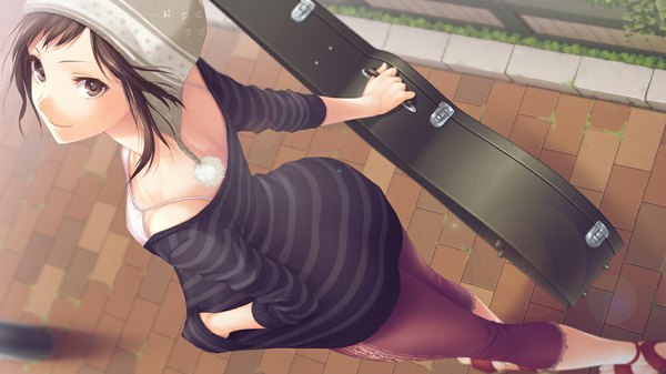 Anime-Bild 1000x562 mit original f-cla single short hair brown hair wide image standing holding brown eyes outdoors looking back from above light smile from behind lens flare looking up striped hand in pocket girl musical instrument