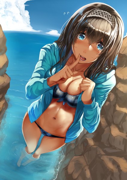 Anime picture 707x1000 with idolmaster idolmaster cinderella girls sagisawa fumika nohito single long hair tall image looking at viewer blush fringe breasts open mouth blue eyes light erotic hair between eyes brown hair standing sky cleavage cloud (clouds)