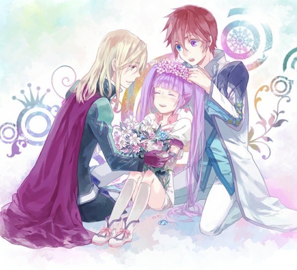 Anime picture 1100x1000 with tales of graces sophie (tales) asbel lhant richard (tales) long hair blush short hair open mouth blonde hair smile red eyes sitting twintails purple hair red hair eyes closed hair flower multiple boys heterochromia kneeling