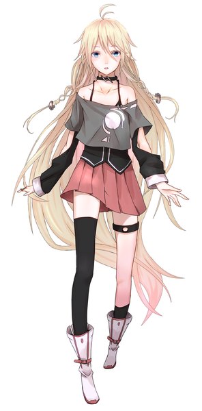 Anime picture 987x2000 with vocaloid ia (vocaloid) fmaaaaaaaa single tall image looking at viewer fringe blue eyes simple background blonde hair white background bare shoulders braid (braids) very long hair twin braids walking girl thighhighs black thighhighs boots