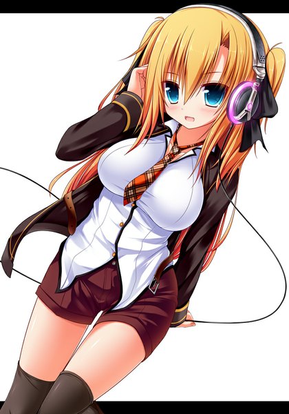 Anime picture 700x1000 with original syroh single long hair tall image looking at viewer blush breasts open mouth blue eyes blonde hair girl thighhighs black thighhighs shirt necktie shorts headphones