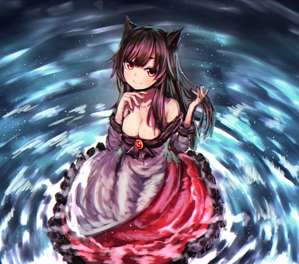 Anime picture 2346x2069 with touhou imaizumi kagerou pyonsuke (pyon2 mfg) single long hair looking at viewer blush fringe highres breasts light erotic smile red eyes brown hair large breasts sitting bare shoulders animal ears cleavage long sleeves