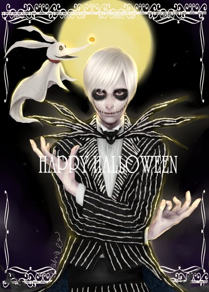 Anime picture 1949x2725 with the nightmare before christmas disney jack skellington zero (nbc) nanao (artist) single tall image looking at viewer fringe highres short hair brown eyes sky white hair inscription night night sky striped halloween pale skin