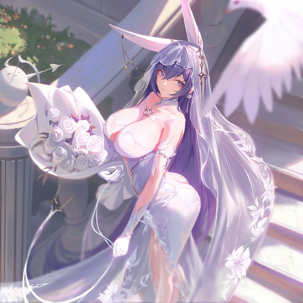 Anime picture 1350x1349 with azur lane manjuu (azur lane) new jersey (azur lane) new jersey (snow-white ceremony) (azur lane) dongfangzhong111 single looking at viewer fringe breasts light erotic hair between eyes standing purple eyes holding animal ears payot purple hair ass very long hair from above