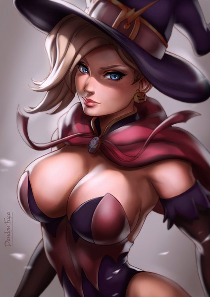 Anime picture 630x891 with overwatch blizzard entertainment mercy (overwatch) witch mercy dandon fuga single tall image looking at viewer short hair breasts blue eyes light erotic simple background blonde hair large breasts signed cleavage realistic alternate costume gradient background