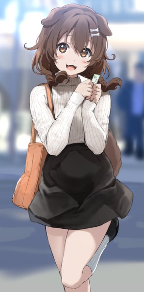 Anime picture 864x1744 with virtual youtuber hololive inugami korone icehotmilktea single long hair tall image blush fringe open mouth hair between eyes brown hair standing brown eyes animal ears outdoors tail braid (braids) :d animal tail