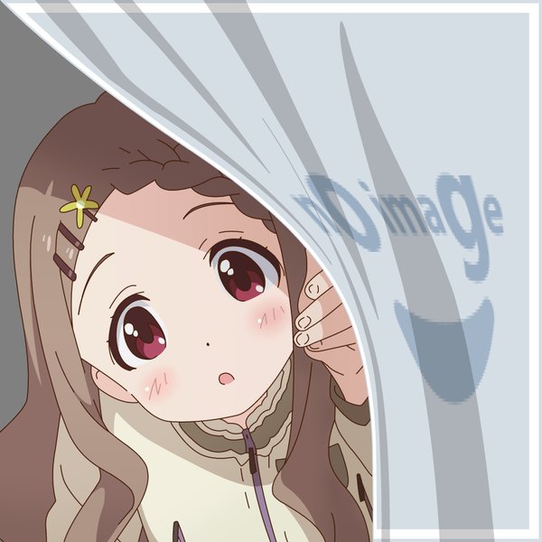 Anime picture 850x850 with yama no susume 8bit pixiv aoba kokona mugen ouka single long hair looking at viewer blush open mouth brown hair braid (braids) pink eyes grey background leaning leaning forward side braid no image girl bobby pin